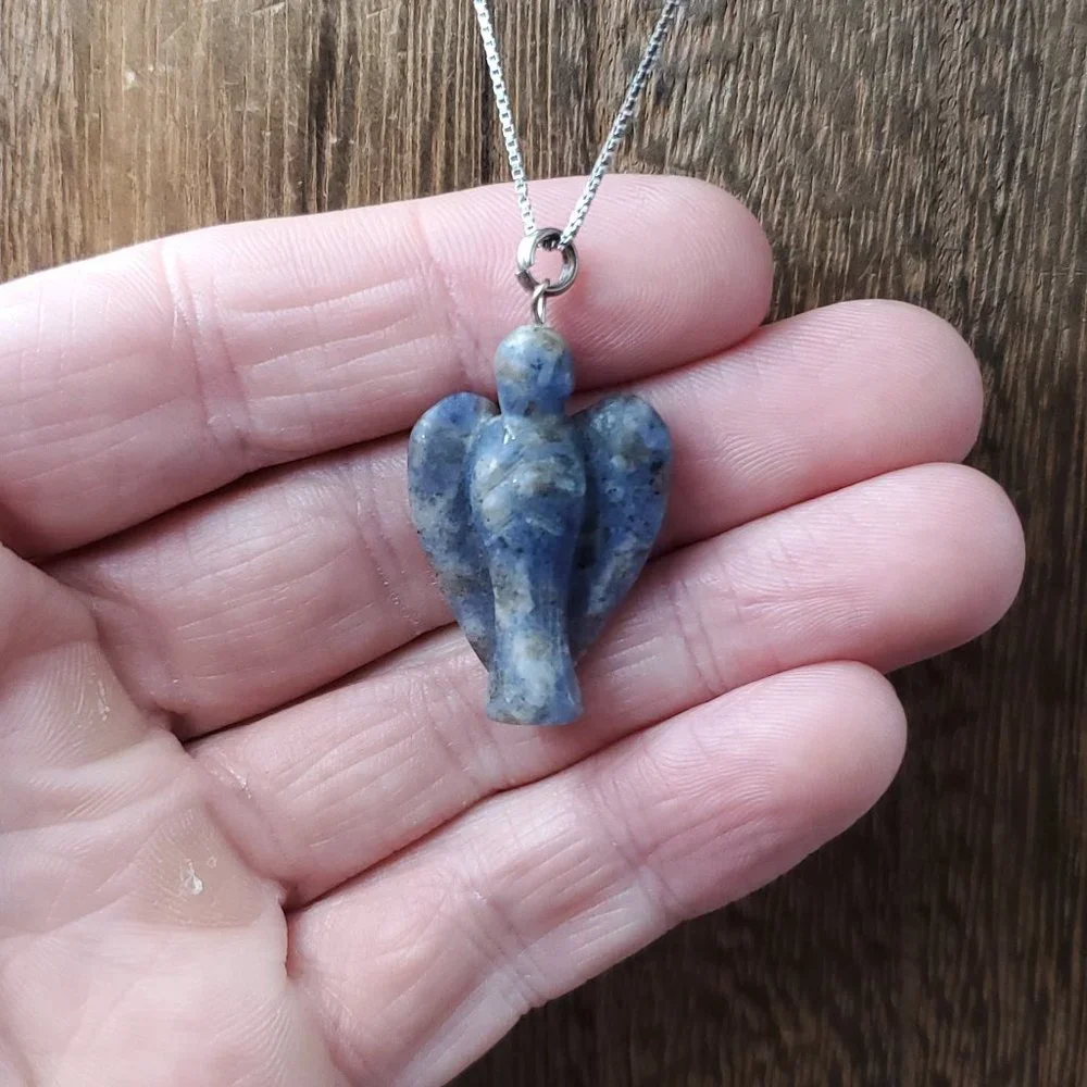 18 Inch Sterling Silver Carved Sodalite Stone Angel Pendant Necklace - Picture 1 of 7